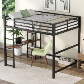 Full Size Metal Loft Bed with Built-in Desk and Storage Shelves, Black - as picture