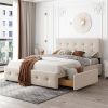 Upholstered Platform Bed with Classic Headboard and 4 Drawers, No Box Spring Needed, Linen Fabric, Queen Size Beige - as picture