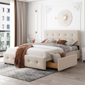 Upholstered Platform Bed with Classic Headboard and 4 Drawers, No Box Spring Needed, Linen Fabric, Queen Size Beige - as picture