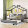 Twin Size Wooden House Bed with Twin Size Trundle, Gray - as picture