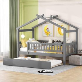 Twin Size Wooden House Bed with Twin Size Trundle, Gray - as picture