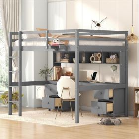 Full Size Loft Bed with Desk, Cabinets, Drawers and Bedside Tray, Charging Station, Gray - as picture