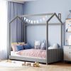 Twin Size Velvet House Bed Wood Bed, Gray - as picture