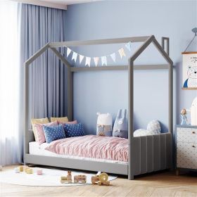 Twin Size Velvet House Bed Wood Bed, Gray - as picture