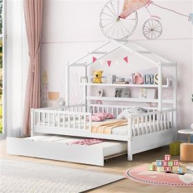 Wooden Full Size House Bed with Twin Size Trundle,Kids Bed with Shelf, White - as picture
