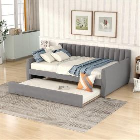 Full Size Upholstered daybed with Trundle and Wood Slat Support, Gray - as picture