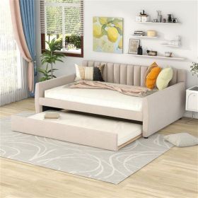 Full Size Upholstered daybed with Trundle and Wood Slat Support, Beige - as picture