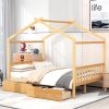 Full Size House Platform Bed with Two Drawers,Headboard and Footboard,Roof Design,Natural - as picture