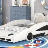 Twin Size Race Car-Shaped Platform Bed with Wheels, White - as picture