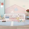 Twin Size Wood Floor Bed Frame with Fence and Door, White - as picture
