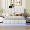 Tufted Upholstered Platform Bed with Hydraulic Storage System,Queen Size PU Storage Bed with LED Lights and USB charger, White - as picture