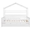 Wooden Full Size House Bed with Twin Size Trundle,Kids Bed with Shelf, White - as picture