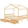 Full Size House Platform Bed with Two Drawers,Headboard and Footboard,Roof Design,Natural - as picture