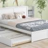 Queen Size Storage Platform Bed with Pull Out Shelves and Twin XL Size Trundle, White - as picture