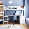 Full size Loft Bed with Shelves and Desk, Wooden Loft Bed with Desk - White - as picture