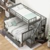 Stairway Twin-Over-Full Bunk Bed with Drawer, Storage and Guard Rail for Bedroom, Dorm, for Adults, Gray color - as picture