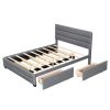 Queen Upholstered Platform Bed with Twin Size Trundle and Two Drawers,Grey - as picture