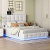 Tufted Upholstered Platform Bed with Hydraulic Storage System,Queen Size PU Storage Bed with LED Lights and USB charger, White - as picture