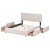 Upholstered Platform Bed with Classic Headboard and 4 Drawers, No Box Spring Needed, Linen Fabric, Queen Size Beige - as picture