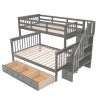 Stairway Twin-Over-Full Bunk Bed with Drawer, Storage and Guard Rail for Bedroom, Dorm, for Adults, Gray color - as picture