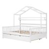 Wooden Full Size House Bed with Twin Size Trundle,Kids Bed with Shelf, White - as picture